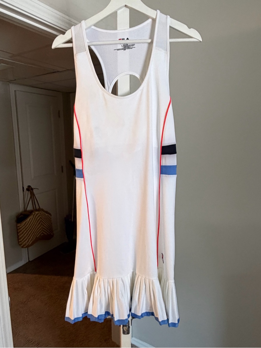 Fila White Tennis Dress with Blue and Navy Stripes and Red Piping